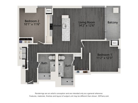 Floor plan for 2 beds, 2 baths, 1030 sqft
